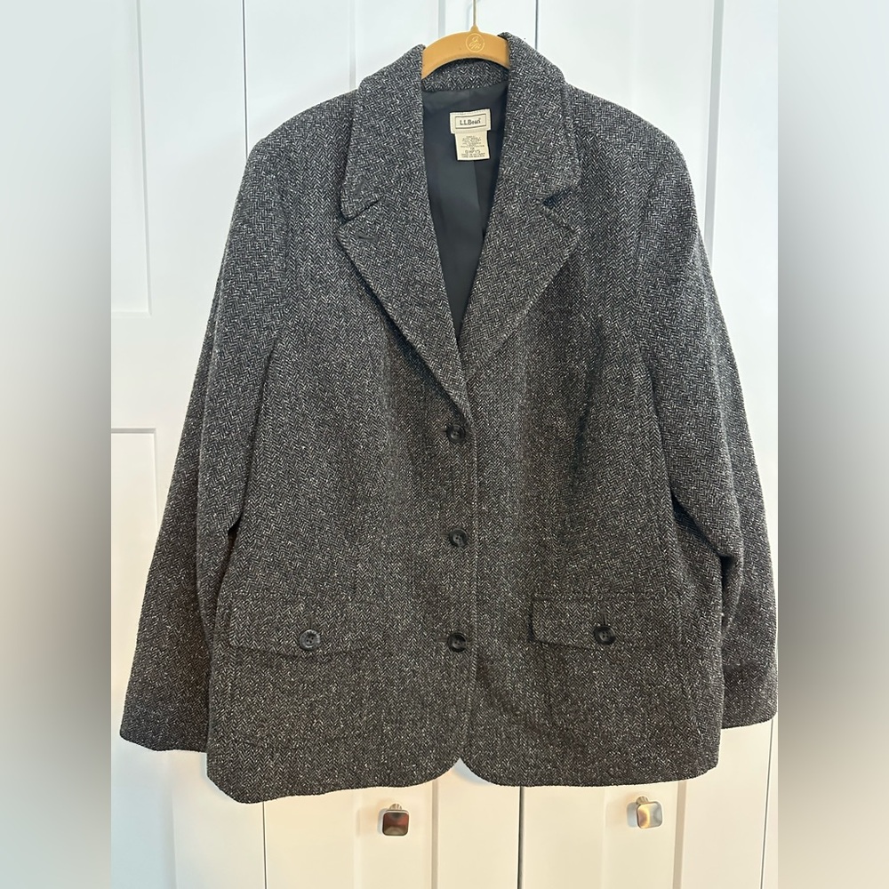 Women’s L.L. Bean Gray Wool Blend Herringbone Tweed Blazer 1X